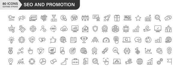 SEO and Promotion line icons collection. Big UI icon set. outline icons pack. Vector illustration.