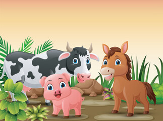 Cute farm animals cartoon in the jungle