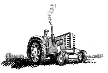 Farmer on tractor. Hand-drawn black and white illustration