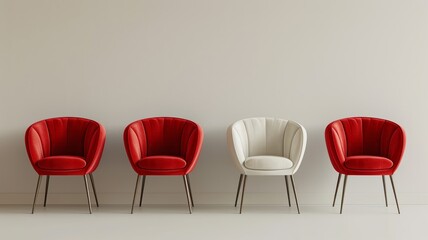 Elegant lineup of red and one white designer chairs on a minimal backdrop