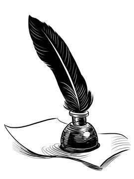 Bottle of ink and quill pen. Hand-drawn black and white illustration