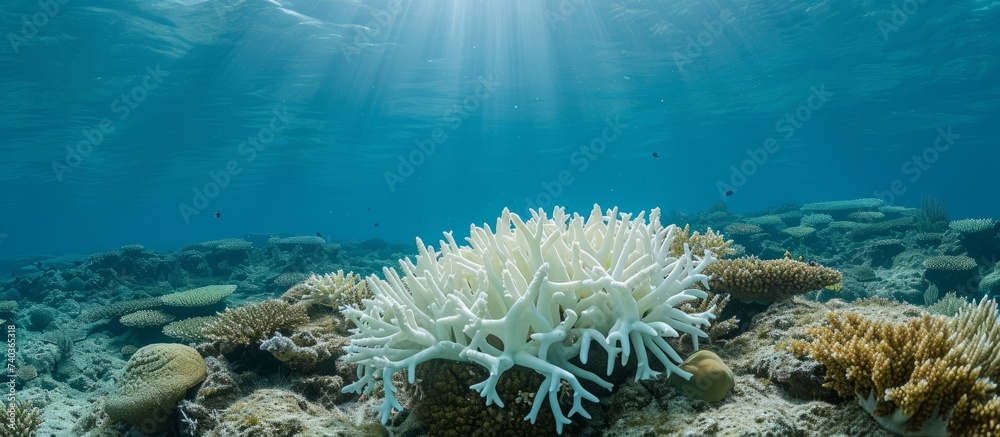 Wall mural vibrant coral reef ecosystem with a pure white sea sponge underwater