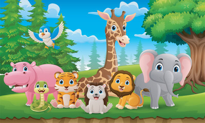 Obraz na płótnie Canvas Cute wild animals cartoon in the jungle