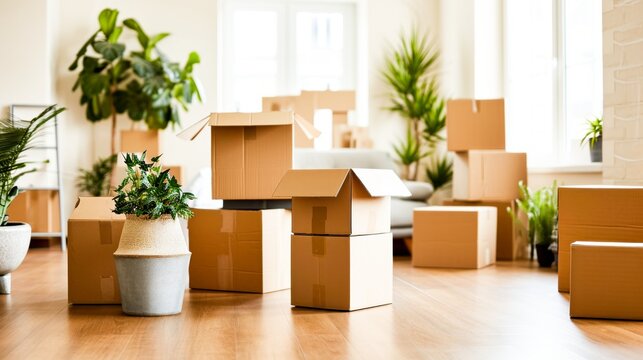  Cardboard moving boxes in modern living room. Lots of bright light filling area and plants. Light beech floors 