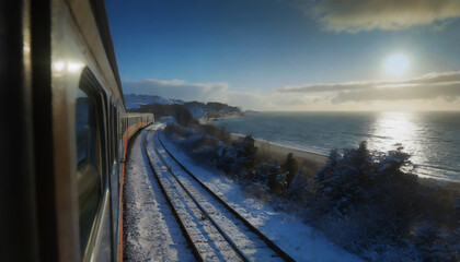 電車からの眺める海　AI画像　ジェネレーティブAI - obrazy, fototapety, plakaty