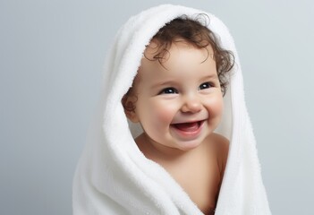 Baby smiling joyfully wrapped in white towel
