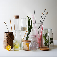 Assorted Beverages in Glass Containers Display with Lemons, Knife, and Spoon
