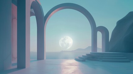 Surreal pastel scene with moonrise over arches in a dreamy landscape
