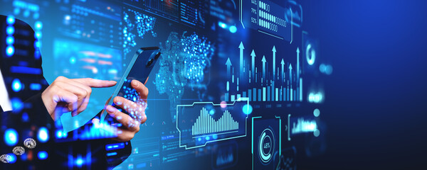 Businesswoman finger touch phone, financial research. Ai generative illustration