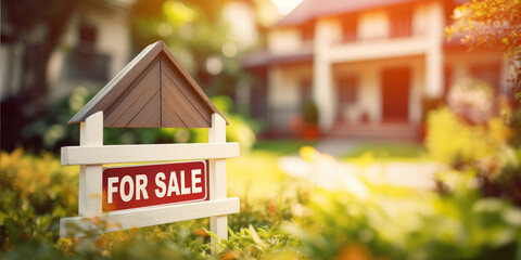 Sign for sale and house on blurred background. Ai generative illustration