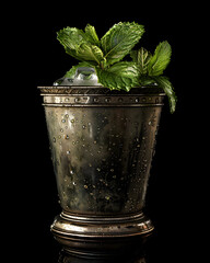 Mint Julep in Metal Cup with Sprig of Mint, Alcoholic Beverage Cocktail - obrazy, fototapety, plakaty