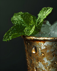 Mint Julep in Metal Cup with Sprig of Mint, Alcoholic Beverage Cocktail - obrazy, fototapety, plakaty