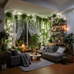 Living Room Decorated with LED Lights and Stock Image is Unavailable