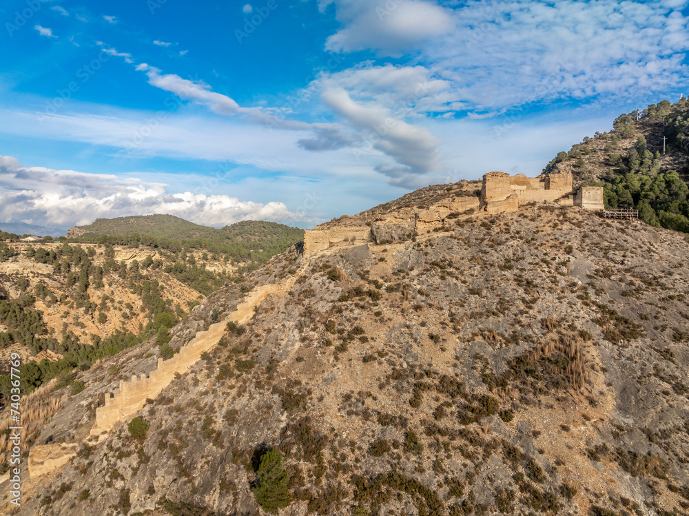 Canvas Prints aerial view of pliego town and medieval castle in southern spain, ruined walls made of rammed earth 