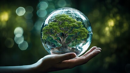 Robot Hand Holding Earth Crystal Globe with Tree: Eco-Friendly Sustainability Concept, Canon RF 50mm f/1.2L USM