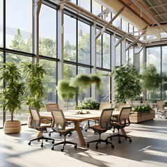 A Bright and Welcoming Office Space with Greenery and Modern Furniture