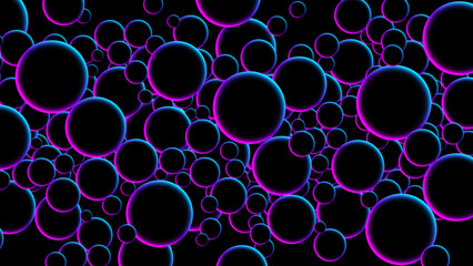 Luminous floating balls in blue and pink neon glow colors on black. Futuristic random flying neon glowing circles, spheres or bubbles. Fluorescent circular particles dynamic flow. Vector background