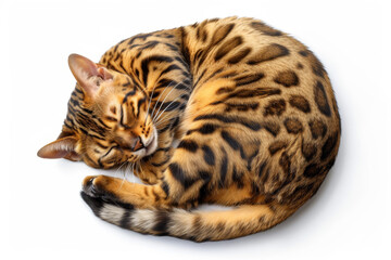 Bengal cat curled up sleeping. Isolated on white background.