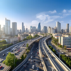 City Street Bustling with Traffic and Skyscrapers