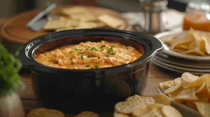 Abwaschbare Fototapete A crockpot filled with y buffalo chicken dip surrounded by chips and crackers for dipping. © Justlight