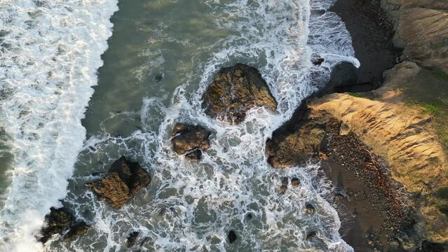 Drone view of California's Pacific Ocean coast at San Simeon.