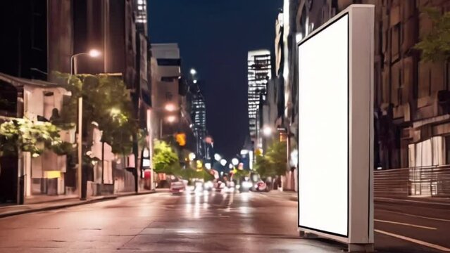 Vertical blank white billboard on city street. In the background buildings and road. Mock up. Poster on street next to roadway. Beautiful summer night generative ai	