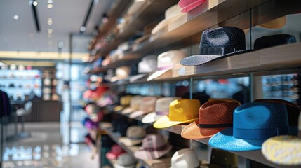 Fashionable hat display in retail store - obrazy, fototapety, plakaty