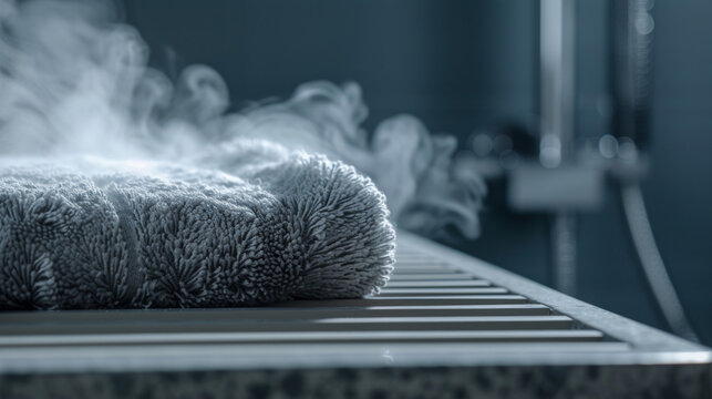 A closeup of steam rising from a towel that has just been warmed in the towel warmer.