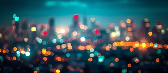 A majestic cityscape with automotive lighting creating a colorful glow against the night sky, showcasing a metropolis on the horizon. The citys skyline is blurred, resembling a painting in motion - obrazy, fototapety, plakaty