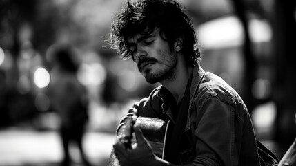 A black and white image of a street performer playing guitar.
