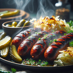 a deliciously plated dish featuring steaming merguez sausages, served barbecue style.