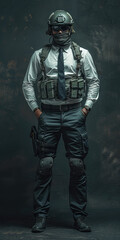 Naklejka premium hero man in white shirt, black tie and trousers wearing a Spetsnaz Helmet 