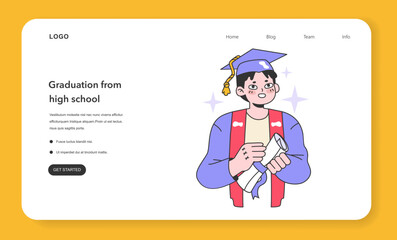 High school graduation web banner or landing page. Celebration and diploma