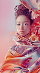 Fototapeta premium A young girl wrapped in a colorful flowing scarf with a pink background. 