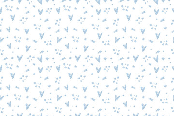 Seamless pattern with cute adorable little doodle blue hearts isolated on white background