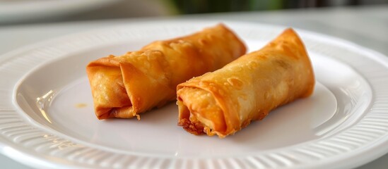 Enjoy two crispy egg rolls served on a white plate, a delicious dish perfect for fans of Vietnamese cuisine and fast food
