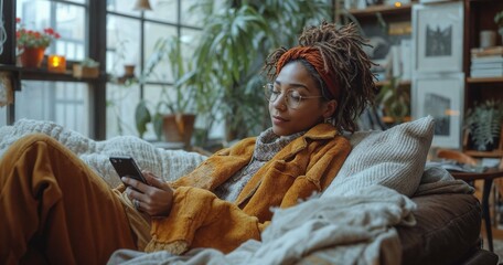 Young hip trendy black woman  in her living room on her phone, fashionably dressed in her interior livingroom, indoor plants and beautiful cool sunlight pouring in. Top editorial, afro hair, orange  - obrazy, fototapety, plakaty