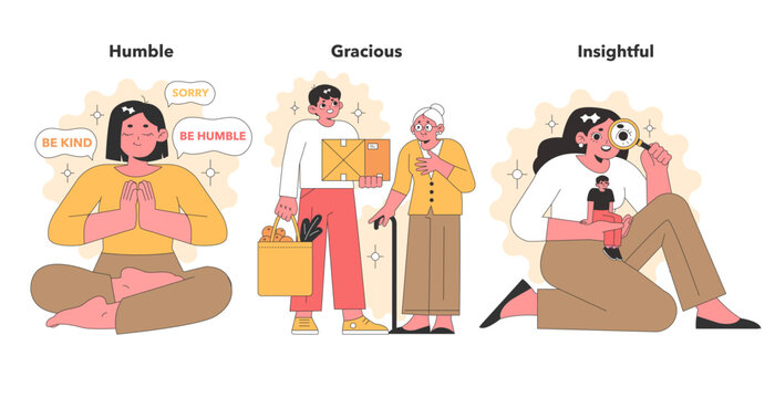 Warm vector illustrations portraying humility, grace, and insightfulness, with characters engaging in acts of kindness, generosity, and deep reflection.