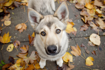 Obraz premium Top view of a dog standing amidst fallen leaves