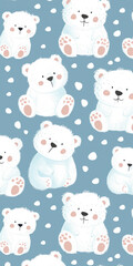 cute white teddy bear seamless pattern on blue pastel background
