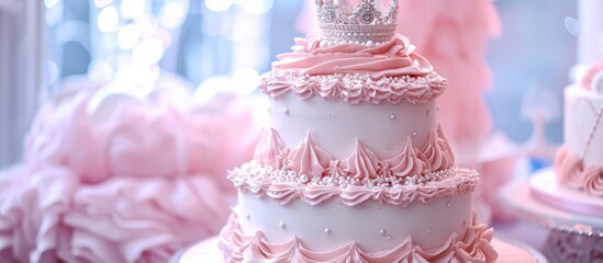 Fototapeta premium A cake decorated with a liquidinspired design in shades of pink, purple, and white, crowned with a majestic eyelashshaped topper