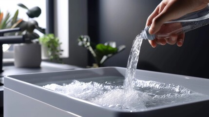 A humidifiers water tank being filled with tap water ready to provide moisture to the surrounding air.