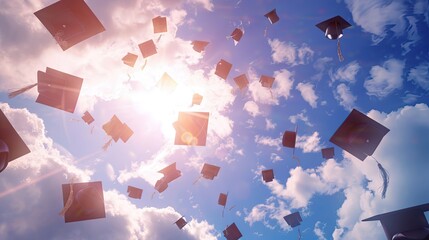 Graduates throwing graduation hats Up in the sky - obrazy, fototapety, plakaty