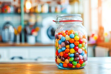 sweets in a glass jar on the table against the background of a blurred image of the kitchen  - obrazy, fototapety, plakaty