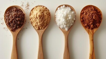 Variety of natural sugars displayed in wooden spoons for healthy sweetening alternatives