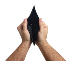 Man showing empty wallet on white background, closeup