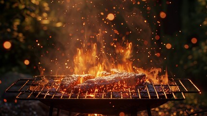 Dancing flames and glowing embers in a fiery barbecue igniting the night with warmth - obrazy, fototapety, plakaty