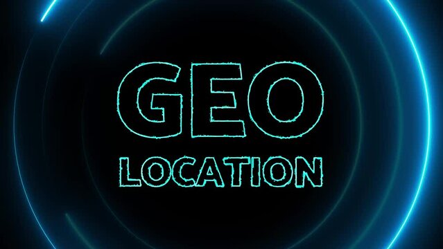 Geo location text with neon glowing circle animated on a dark background.