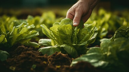 Fototapeta premium Close-up of hands harvesting organic lettuce. Clean crops of fresh vegetables