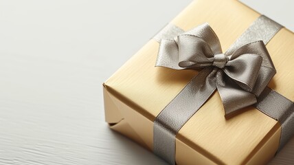 Elegant Golden Gift Box Tied with Shimmering Silver Ribbon on Subtle Background